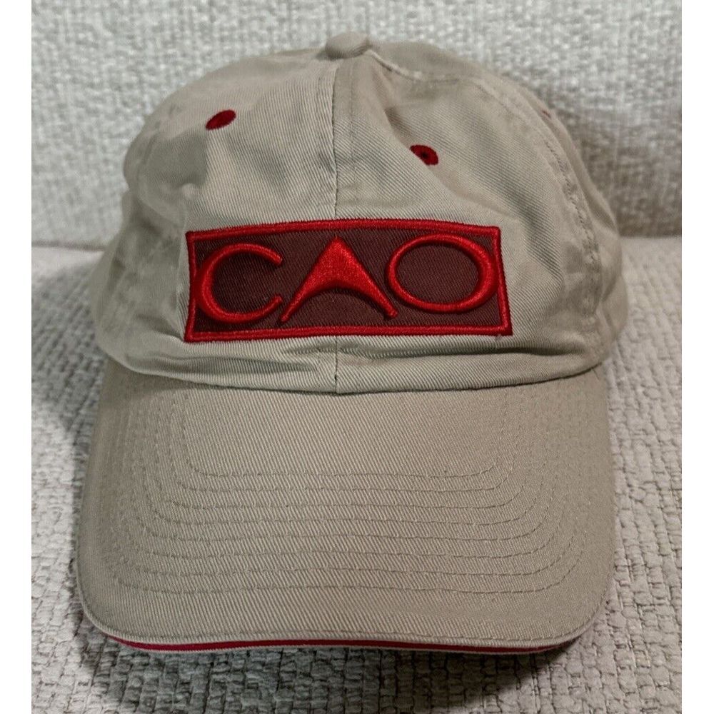 CAO Cigars Hat Cap Adjustable‎ leather strap metal buckle Beige Red accent.
